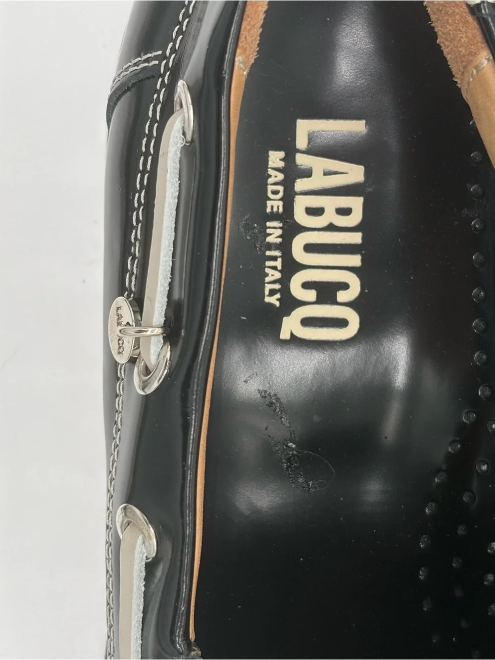 Labucq Black Patent Leather Boat Loafers with Light Gray Laces EU 39 US 9